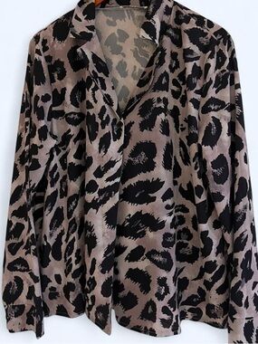 Silky Animal Print Button-Up Top in Taupe and Black